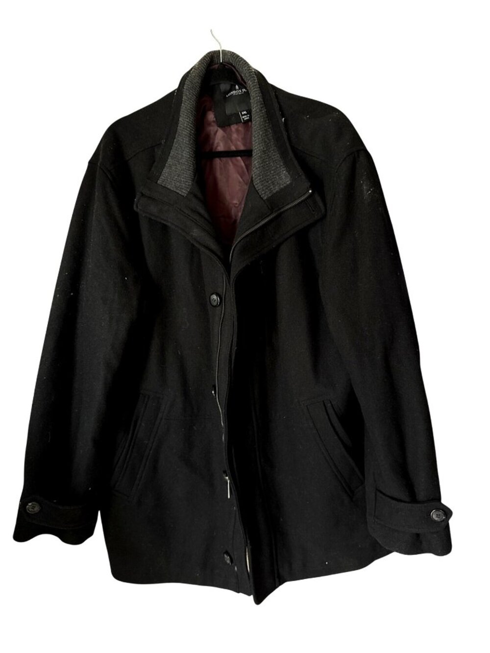 London Fog Mens Black Wool Blend Winter Coat XXL Heavyweight With Button & Zippe